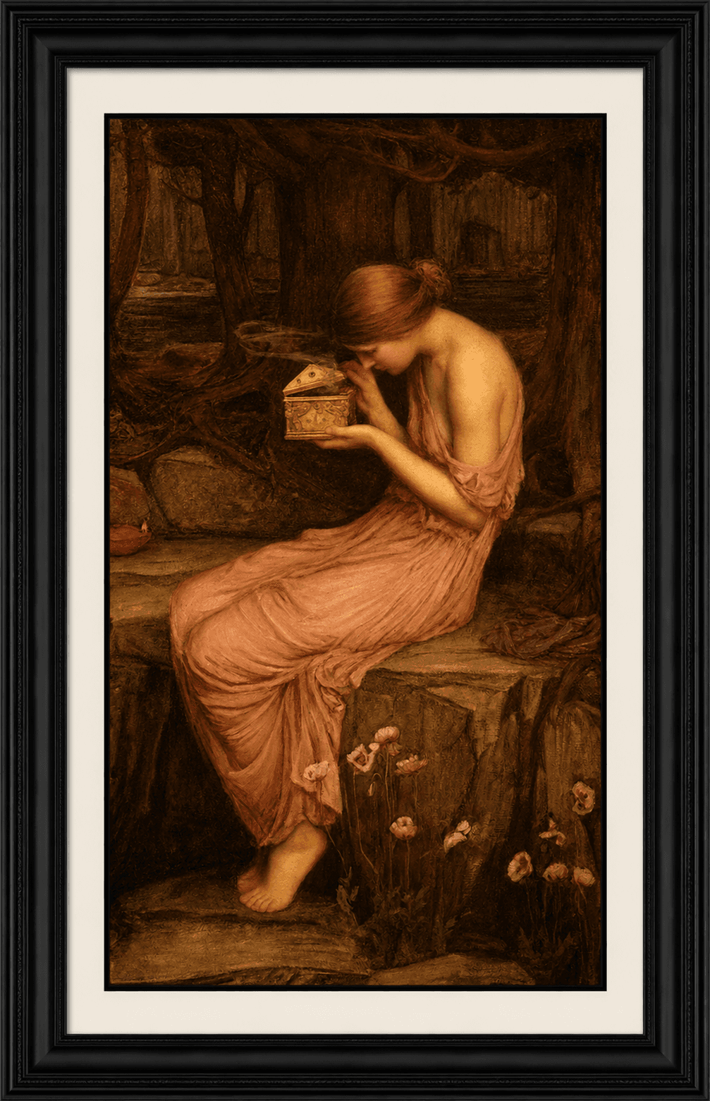 Painting of a woman seated, opening a small box