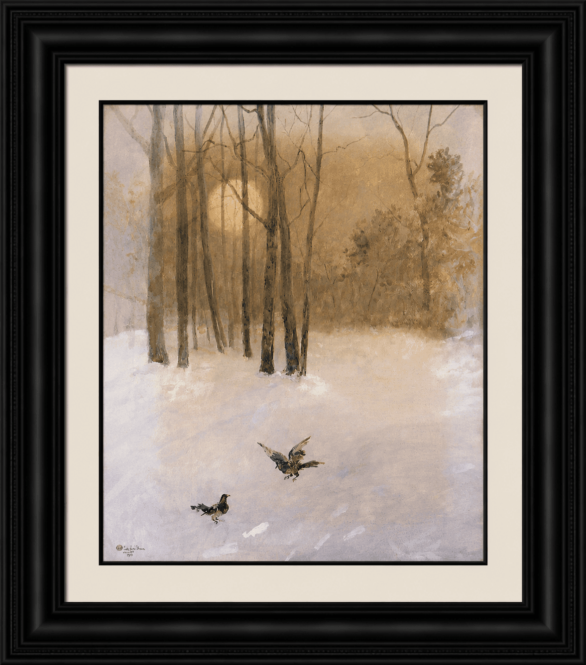 Painting of birds in a snowy forest