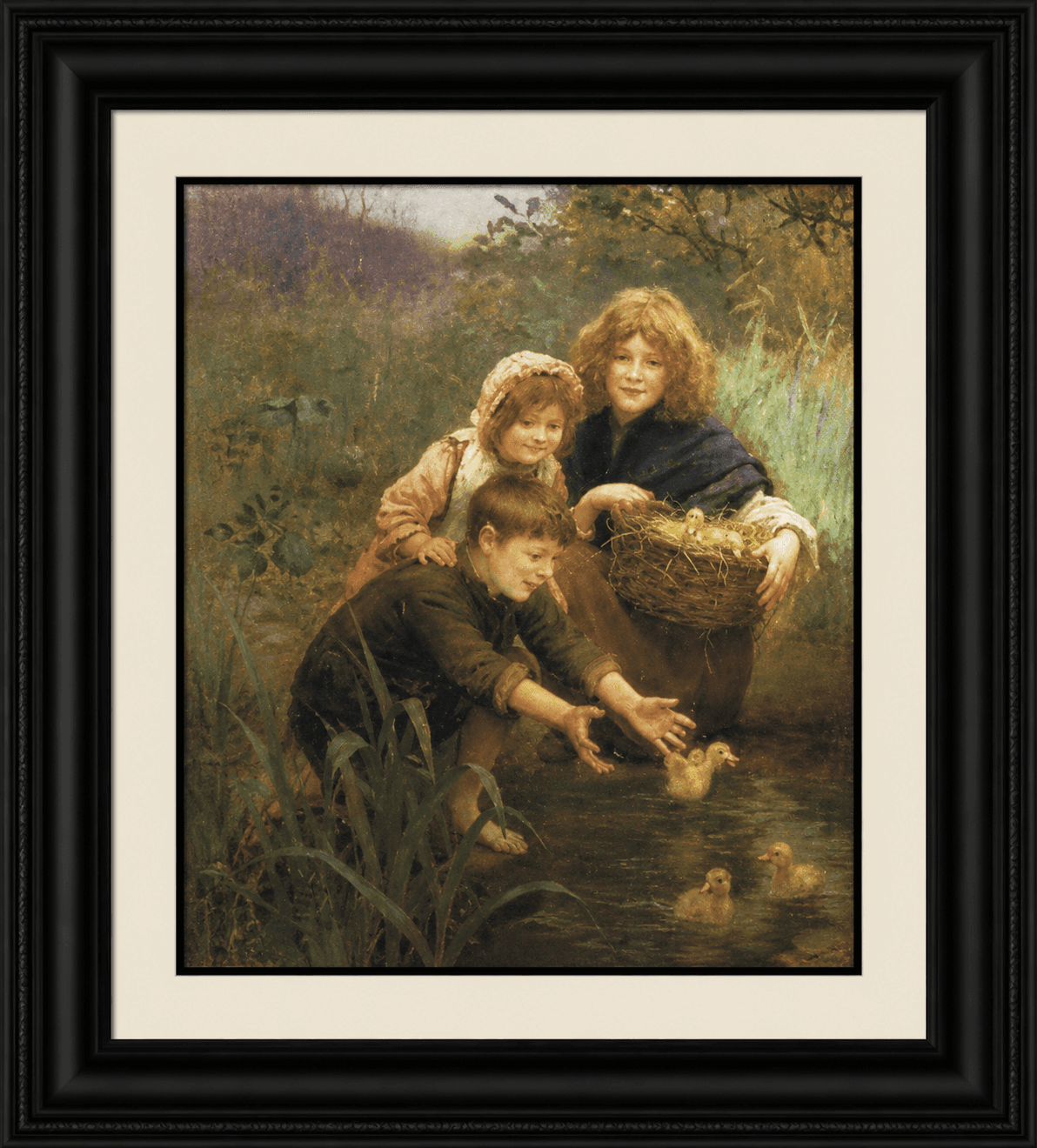 Painting of children with a basket of ducklings by a pond
