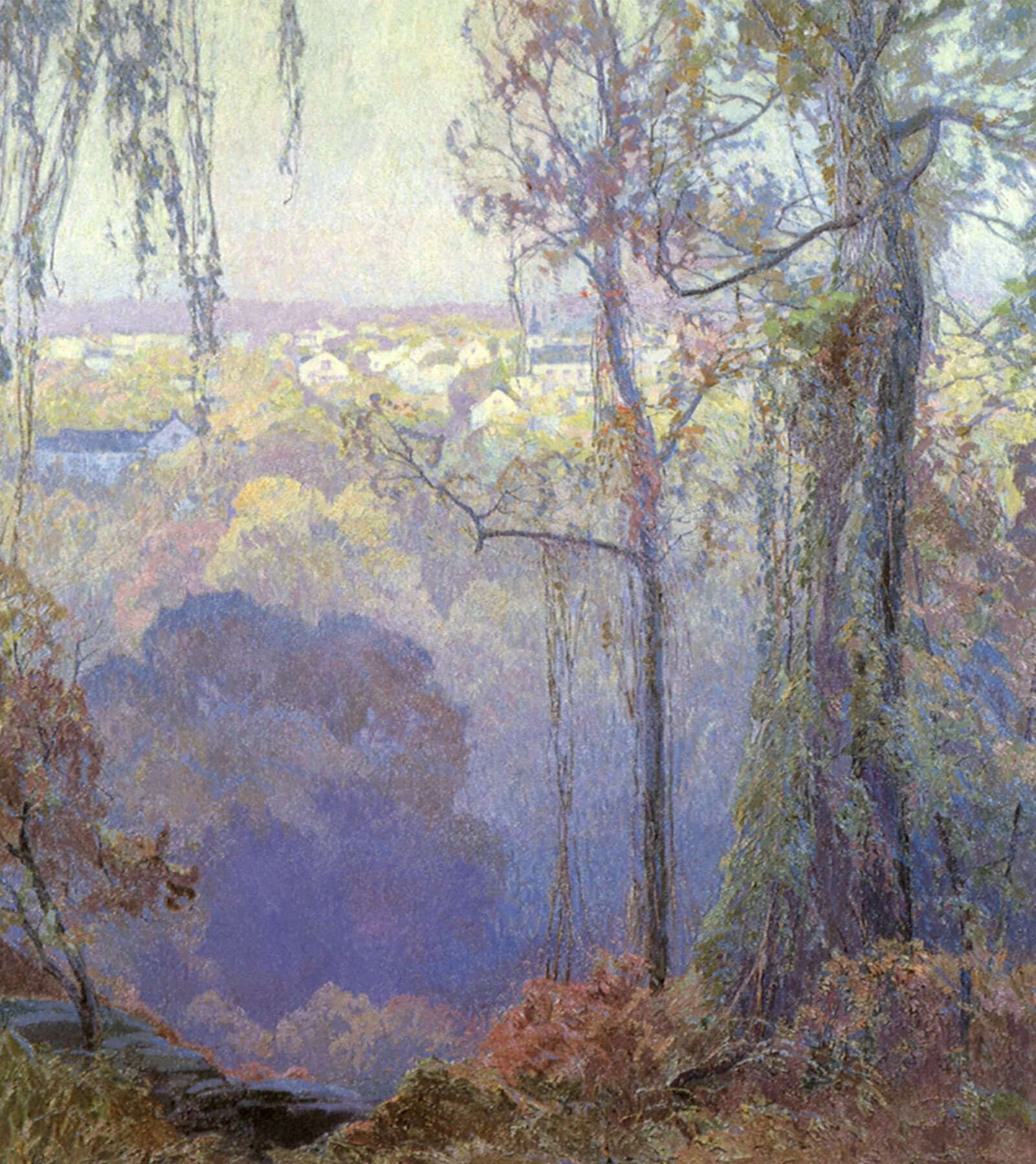 Impressionist painting of a forest reflected in water